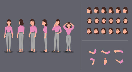 A woman character design model sheet with different poses and expressions. Vector illustration
