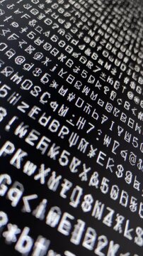 コンピュータ空間のランダムな文字列・さまざまな文字を含むデータベース・エンコードされたプログラム内のデータセット・数学的計算・英数字記号・縦長・ビデオ