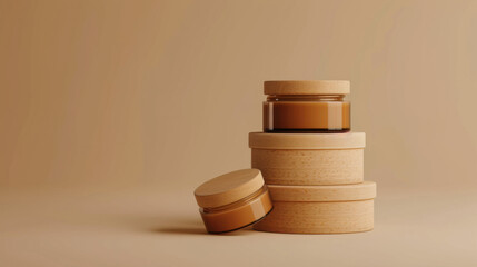 Minimalist Wooden Cosmetic Jars on Beige Pedestals