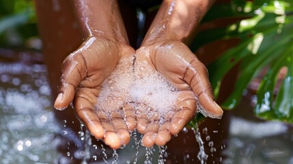 Fototapeta premium Person cupping hands to catch water droplets in a lush green environment, showcasing nature's beauty