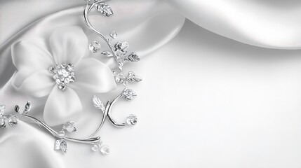Elegant silver jewelry with flower on white silk