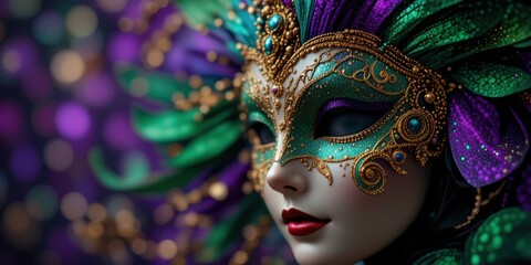 Elegant mardi gras mask with vibrant purple, green, and gold decorations, feathers, and jewels on a festive purple background with bokeh and copy space
