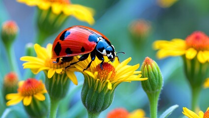Fototapeta premium Red ladybug resting on bright yellow flowers