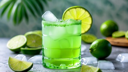 Refreshing bright green lime cocktail with ice cubes
