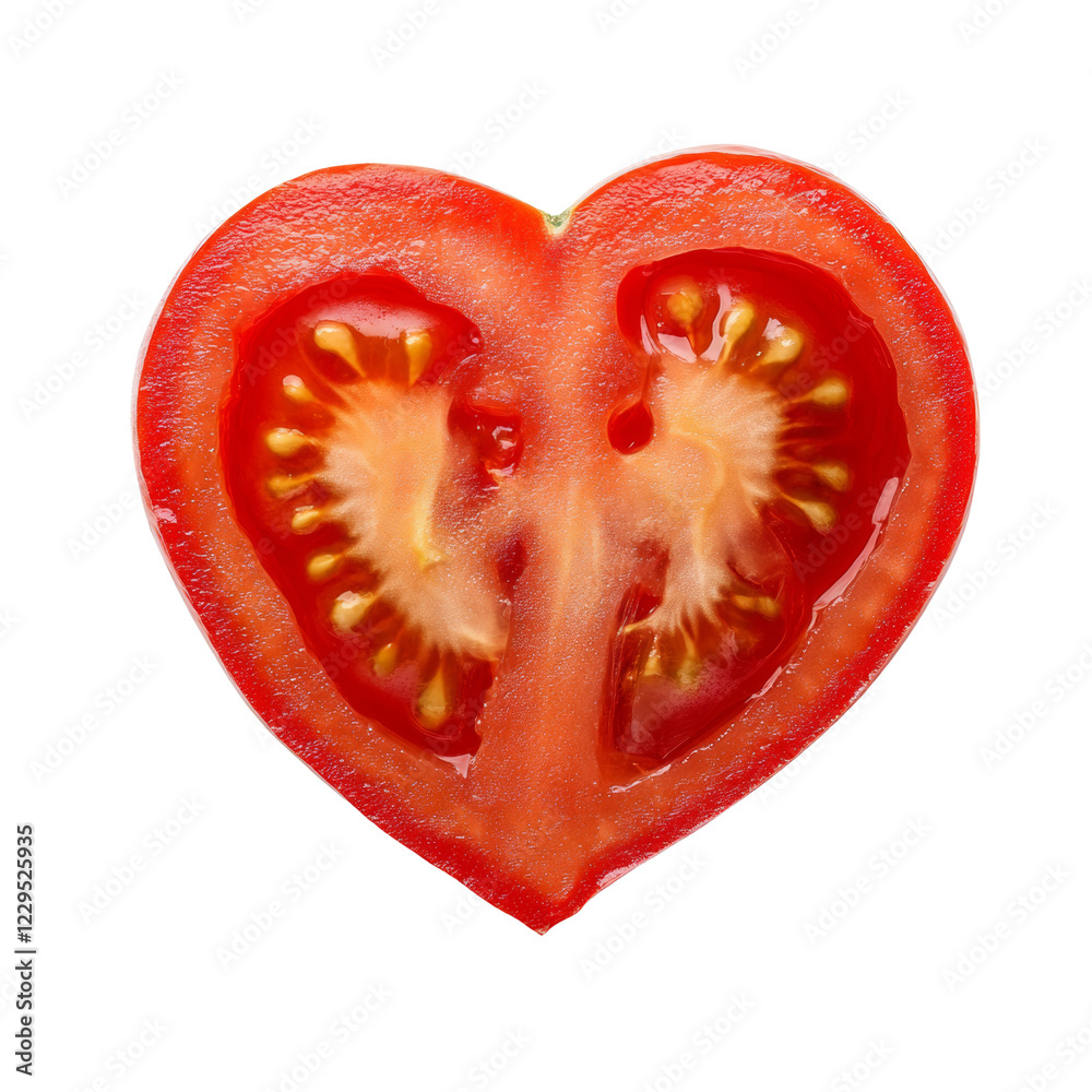Poster a close-up image showcases a heart-shaped cross-section of a tomato, highlighting its seeds and inne