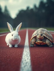 Playful Rabbit and Tortoiсe on a Running Track, Symbolizing Speed and Perseverance in Nature, Ideal for Children's Themes and Animal Concepts