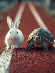 Playful Race Between White Rabbit and Tortoise on a Track, Illustrating Friendship and Competition in a Whimsical Setting with Vibrant Colors