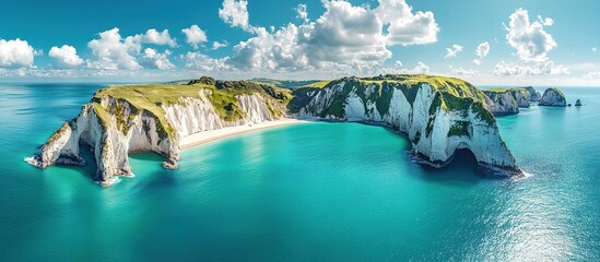 Obraz premium Aerial view of Durdle Door, a natural limestone arch on the Jurassic Coast in Dorset, England.