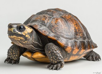 Obraz premium Realistic close-up of a turtle showcasing intricate shell patterns and detailed textures, perfect for nature and wildlife enthusiasts in stock photography.
