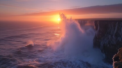 Fototapeta premium Majestic sunset over crashing waves against rugged cliffs, highlighting nature's beauty and power