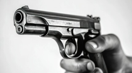 Hand holding handgun, light background, potential danger, close up