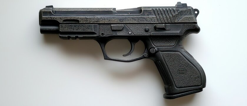 Handgun isolated on white background, potential evidence photo