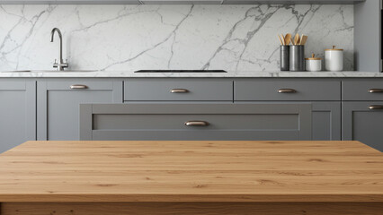Front view of elegant interior with gray drawers under kitchen cabinet. empty wooden table and marble countertop in room. modern equipment for cooking. well organized space for storage food products