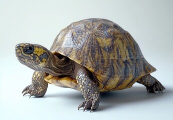 Fototapeta premium Realistic detail of a beautiful tortoise with intricate skin patterns and textures against a neutral background showing its unique features and natural colors