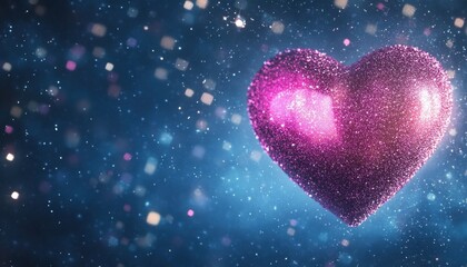 Obraz premium Glowing Pink Glitter Heart on a Blue Sparkle Background Romantic Valentine's Day Design