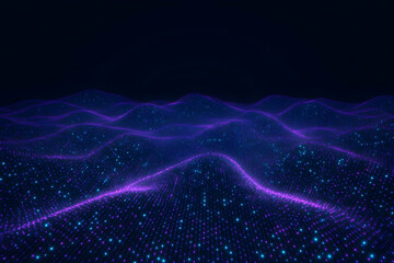 Abstract 3D landscape of glowing particles forms undulating waves in shades of blue and purple.