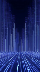 Abstract 3D Cityscape with Glowing Blue Lines and Data Streams on Dark Background