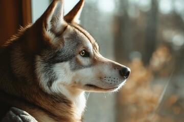 Obraz premium Majestic wolfdog gazes out a window, contemplating the serene beauty of nature, showcasing the captivating blend of wild and domestic in a close up profile