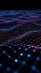 Abstract 3D Render of Glowing Grid Network Undulating Smoothly in Dark Background
