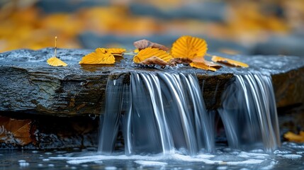 Tranquil waterfall cascading over rocks adorned with autumn leaves in a serene natural setting