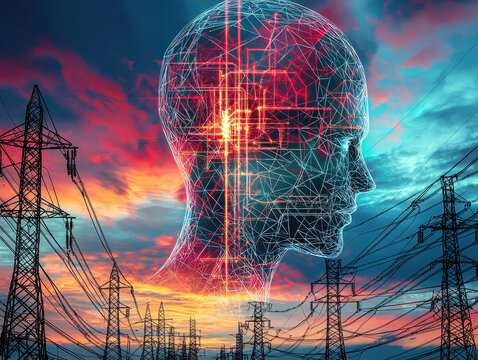 Balancing AI Processing Power and Energy Efficiency with Electric Grids and Green Technology at Sunset