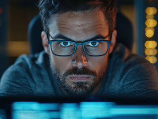 Cyber detective investigates AI-driven ransomware attack using advanced forensic analysis in a dimly lit tech workspace