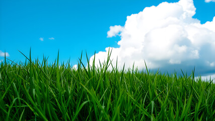 Fototapeta premium Green grass and blue sky with white clouds