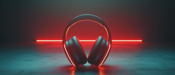 Headphones on floor with neon red lights in dark background