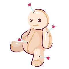 Cartoon Cursed doll. Voodoo doll with needles, pins with hearts and stitches. A magical tool for sorcery. Anti Valentine's day concept, cartoon vector illustration.