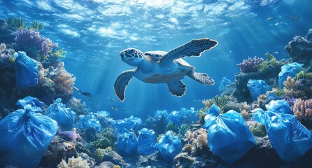 Fototapeta premium Sea Turtle Swimming Gracefully Through Coral Reef Surrounded by Plastic Bags in a Vibrant Underwater Environment