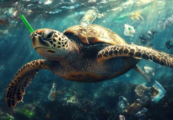Fototapeta premium Sea turtle swimming gracefully through polluted ocean waters filled with plastic waste, highlighting environmental challenges and the need for ocean conservation efforts.