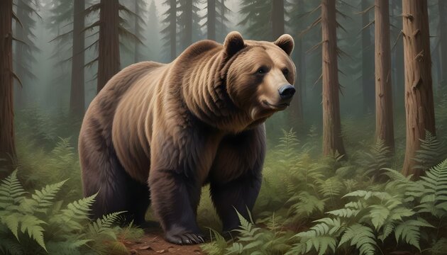 Un gran oso pardo parado en un denso bosque, rodeado de helechos y hojas ca&iacute;das. El oso parece ser un adulto, con un pelaje espeso y peludo y grandes garras
