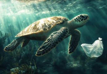 Fototapeta premium Sea Turtle Swimming Gracefully Underwater with Plastic Waste Highlighting Marine Pollution and Environmental Concerns in Oceanic Ecosystems