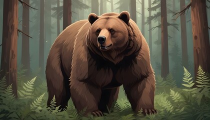 Naklejka premium Un gran oso pardo parado en un denso bosque, rodeado de helechos y hojas caídas. El oso parece ser un adulto, con un pelaje espeso y peludo y grandes garras
