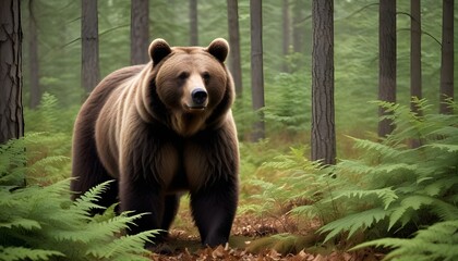 Fototapeta premium Un gran oso pardo parado en un denso bosque, rodeado de helechos y hojas caídas. El oso parece ser un adulto, con un pelaje espeso y peludo y grandes garras