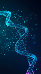 DNA Strand Spirals Gracefully in a Dark Blue Environment with Glowing Particles Abstract Background