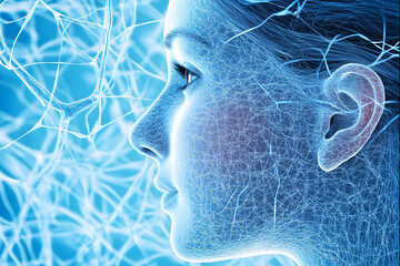 3D Illustration of Neural Network Overlaid on a Human Face, Depicting Neural Pathways.