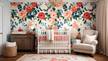 Serene nursery room with floral wall and cozy crib