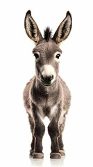 Fototapeta premium Adorable Donkey Foal Stands Proudly on a White Background, Ears Perked, Eyes Wide.