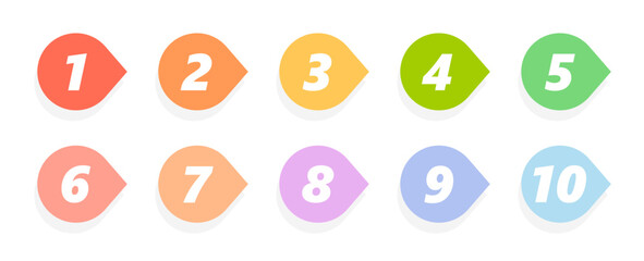 Bullet point numbers design element set. Colorful list markers collection, number 1 to 10.