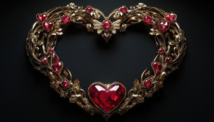 Obraz premium Ornate Gold and Red Ruby Heart Frame on Dark Background