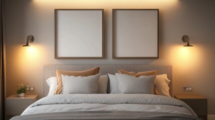 A chic bedroom featuring two wall frame mockups placed symmetrically above the headboard, with warm spotlights highlighting their design against a neutral accent wall.
