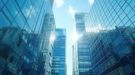 Fototapeta premium Modern skyscrapers reflecting sunlight in a bustling urban environment with clear blue skies
