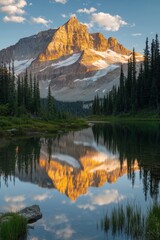 Fototapeta premium Majestic mountain reflected in a tranquil lake with a backdrop of lush forest and a clear blue sky at sunrise.
