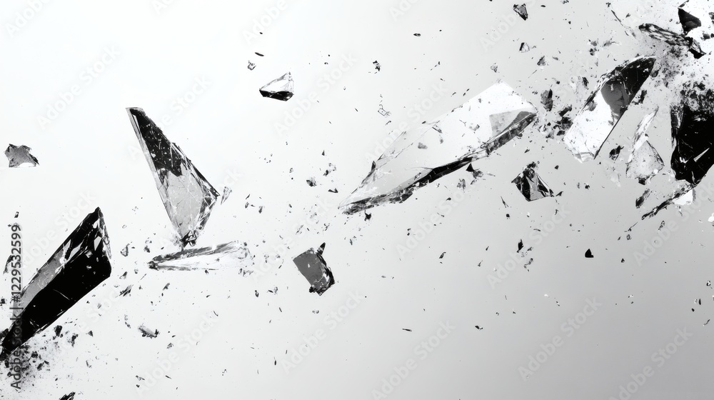 Poster minimalist monochrome frame showcasing scattered jagged glass shards in subtle greys and whites addi