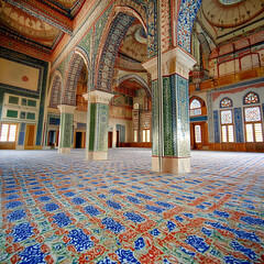 Obraz premium Ornate Interior of a Mosque displays intricate tilework, vibrant colors beautifully adorning the walls and floor, creating sacred space.
