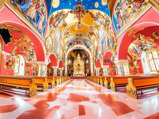 Obraz premium Opulent Church Interior Showcases Ornate Frescoes, Golden Accents, and Wooden Pews Beautifully
