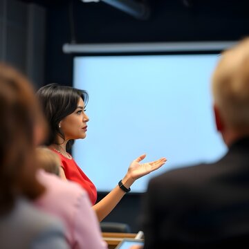 Una ejecutiva hispana, durante una presentaci&oacute;n en p&uacute;blico. Se trata de un vestido rojo y lo explica con una expresi&oacute;n seria.