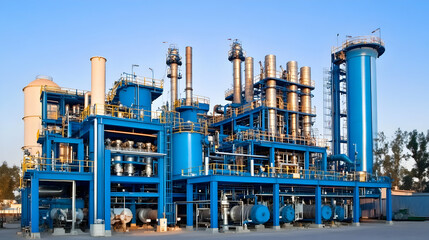 Obraz premium Blue Industrial Plant Stands Tall with Complex Pipes and Tanks Under a Clear Blue Sky
