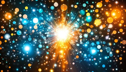 Blue, Teal, And Orange Converging Light Beams With Bokeh Circles On Dark Background, Abstract Design